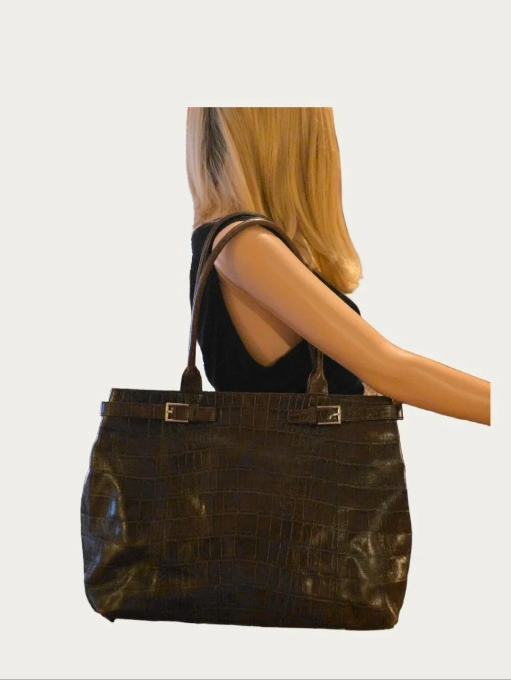 Vintage Kenneth Cole New York Espresso Croc Embossed Leather Tote Belted Buckle